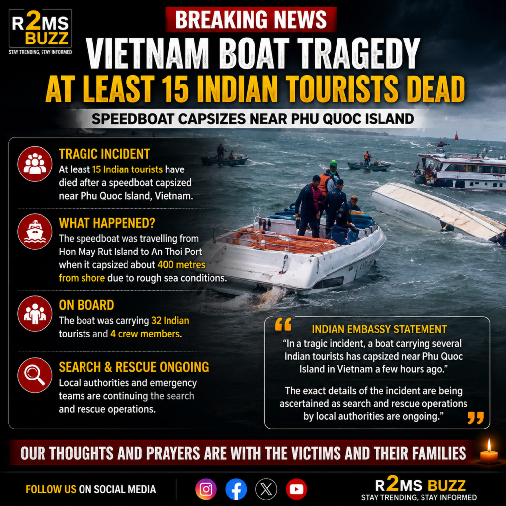 Vietnam Boat Tragedy, Indian Tourists Dead in Vietnam, Phu Quoc Boat Accident, Vietnam Speedboat Capsizes, Indian Tourists Vietnam News, Phu Quoc Island Accident, Vietnam Breaking News, Indian Embassy Vietnam, Boat Capsize Vietnam, Travel Safety News, Vietnam Tourism Accident, Latest International News, R2MS Buzz News, Vietnam Rescue Operation, Indian Tourists Accident.