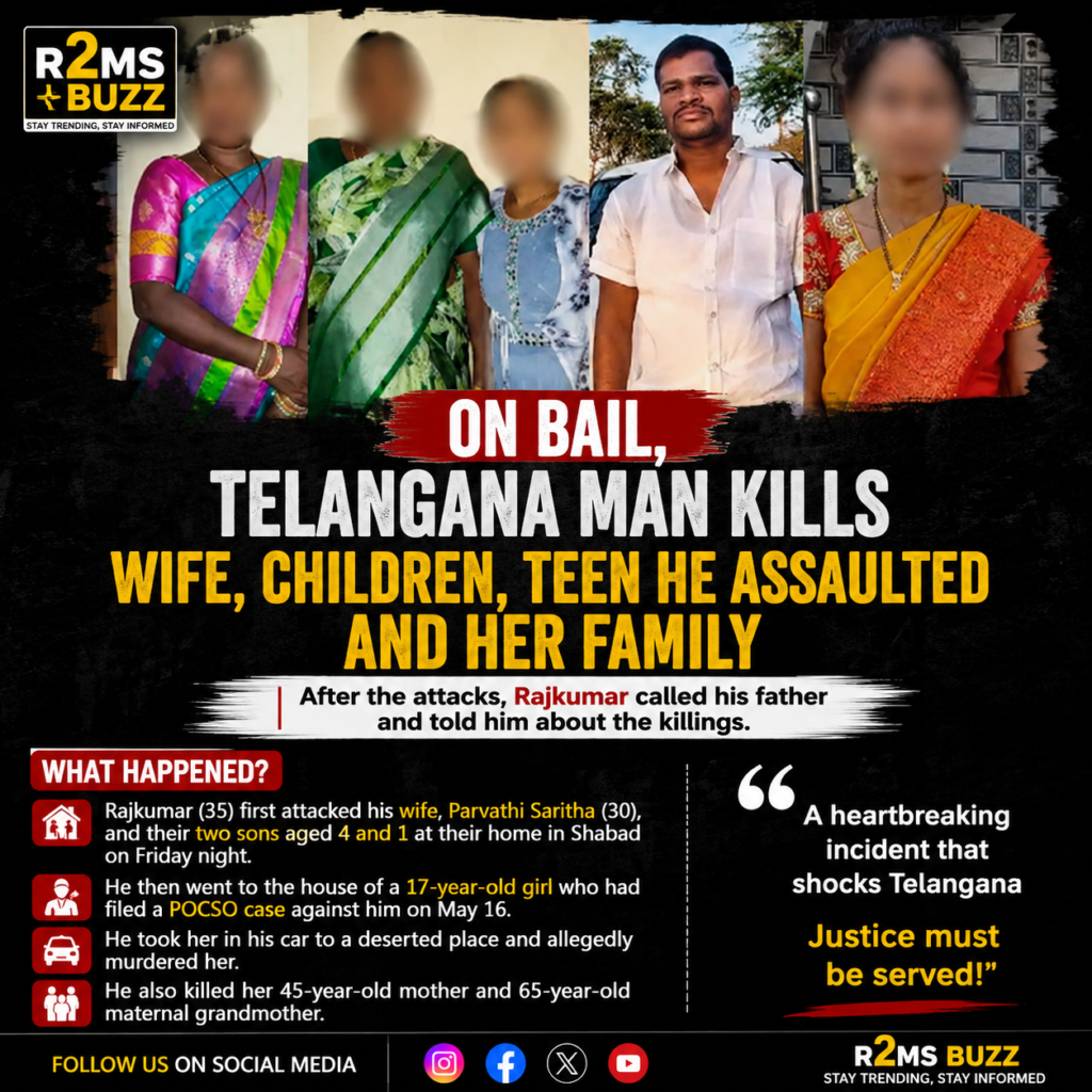 Telangana murder case, Telangana latest news, Rajkumar Telangana case, Telangana crime news, Shabad Telangana murders, POCSO case Telangana, Telangana multiple murders, wife and children murder case, Telangana breaking news, Telangana police investigation, India crime news, latest crime news India, Telangana family murder, POCSO Act India, witness protection India, bail controversy India, Hyderabad news, Telangana headlines, Indian crime updates, R2MS Buzz, Telangana news today, breaking news India, crime news Telangana, latest India news