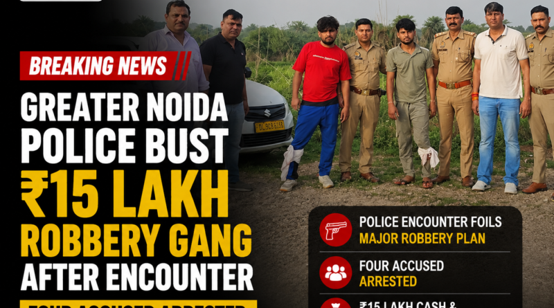 Greater Noida Police Encounter, Surajpur police encounter, Paramount Golf Forest robbery, Greater Noida robbery news, ₹15 lakh robbery, Tilpata Roundabout encounter, Lakshmi Singh Greater Noida Police, Greater Noida crime news, Uttar Pradesh police news, robbery gang arrested, latest UP news, police encounter today, Greater Noida latest news, R2MS Buzz News.