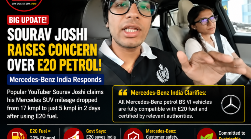 Mercedes-Benz E20 fuel compatibility, Sourav Joshi Mercedes controversy, E20 petrol India, Mercedes-Benz India statement, E20 fuel mileage, ethanol blended petrol, BS VI petrol vehicles, Mercedes SUV mileage issue, E20 fuel explained, government ethanol programme, E20 vs petrol, automotive news India, latest car news, Mercedes-Benz latest news, R2MS Buzz Auto News