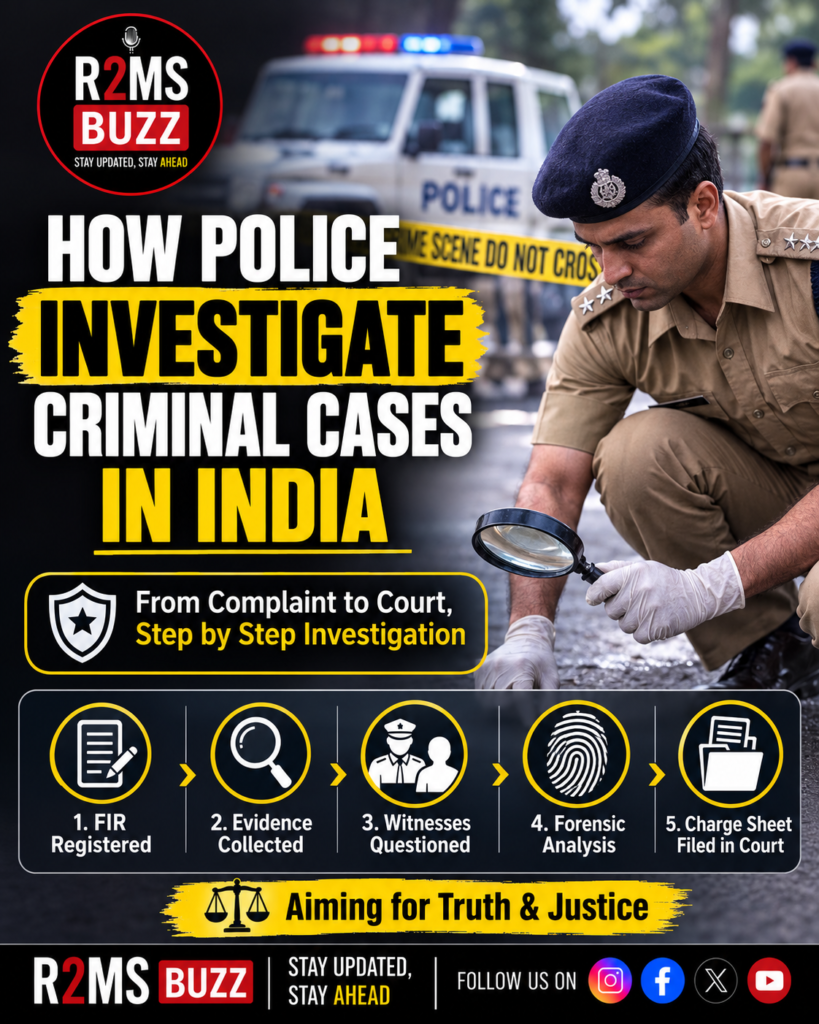 Police Investigation Process in India, How Police Investigate Criminal Cases, Criminal Investigation India, FIR Investigation Process, Police Evidence Collection, Forensic Investigation India, Charge Sheet Process, Criminal Law India, BNSS Investigation Process, Criminal Justice System India