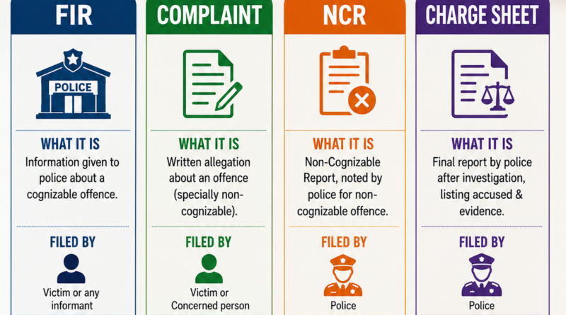 Difference Between FIR and Complaint, FIR vs NCR, FIR vs Charge Sheet, Complaint vs FIR, NCR Meaning, Charge Sheet Explained, Criminal Procedure India, Police Investigation Process, BNSS Legal Guide, Criminal Justice System India