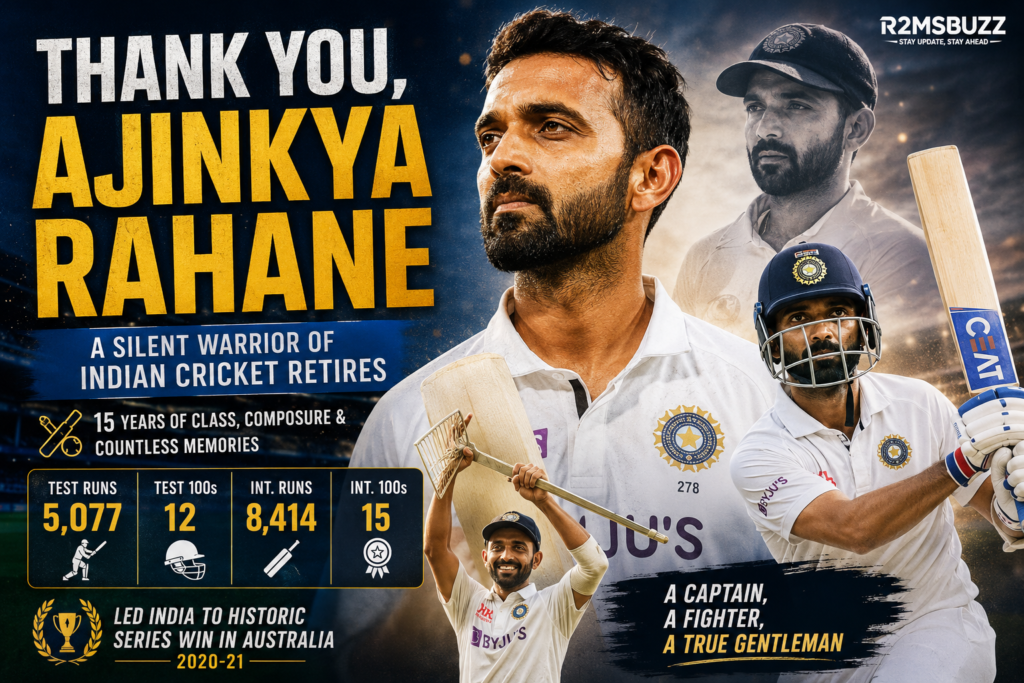 Ajinkya Rahane retirement tribute with career records and captaincy achievements.