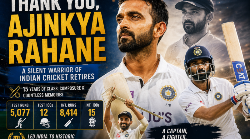 Ajinkya Rahane retirement tribute with career records and captaincy achievements.