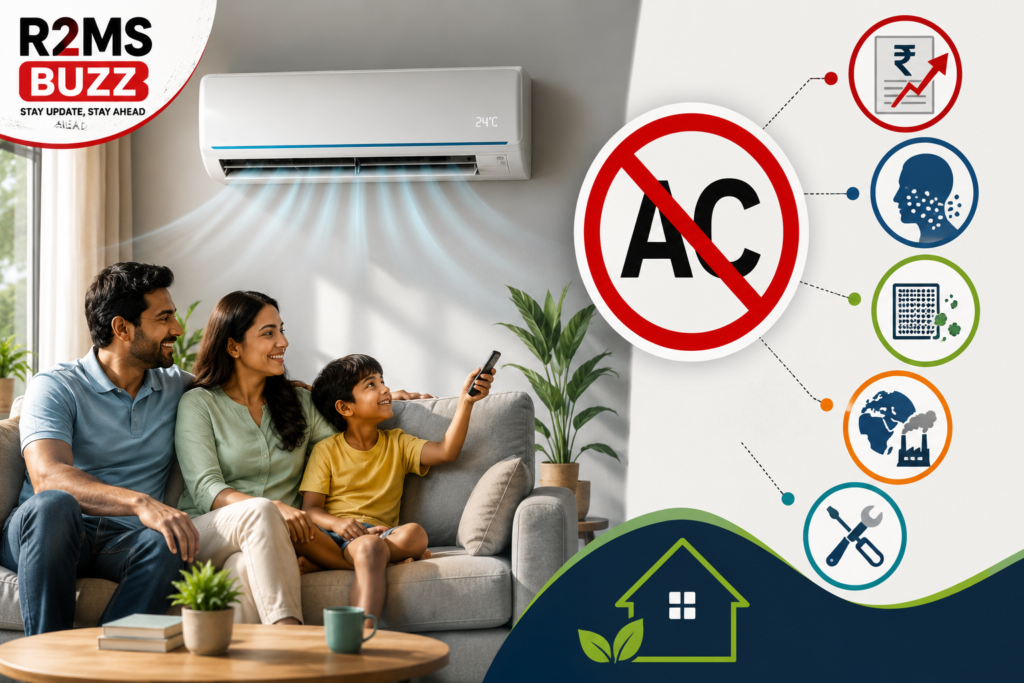 Family relaxing in a living room using an air conditioner responsibly.