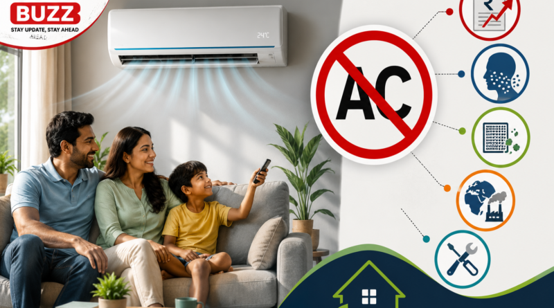 Family relaxing in a living room using an air conditioner responsibly.