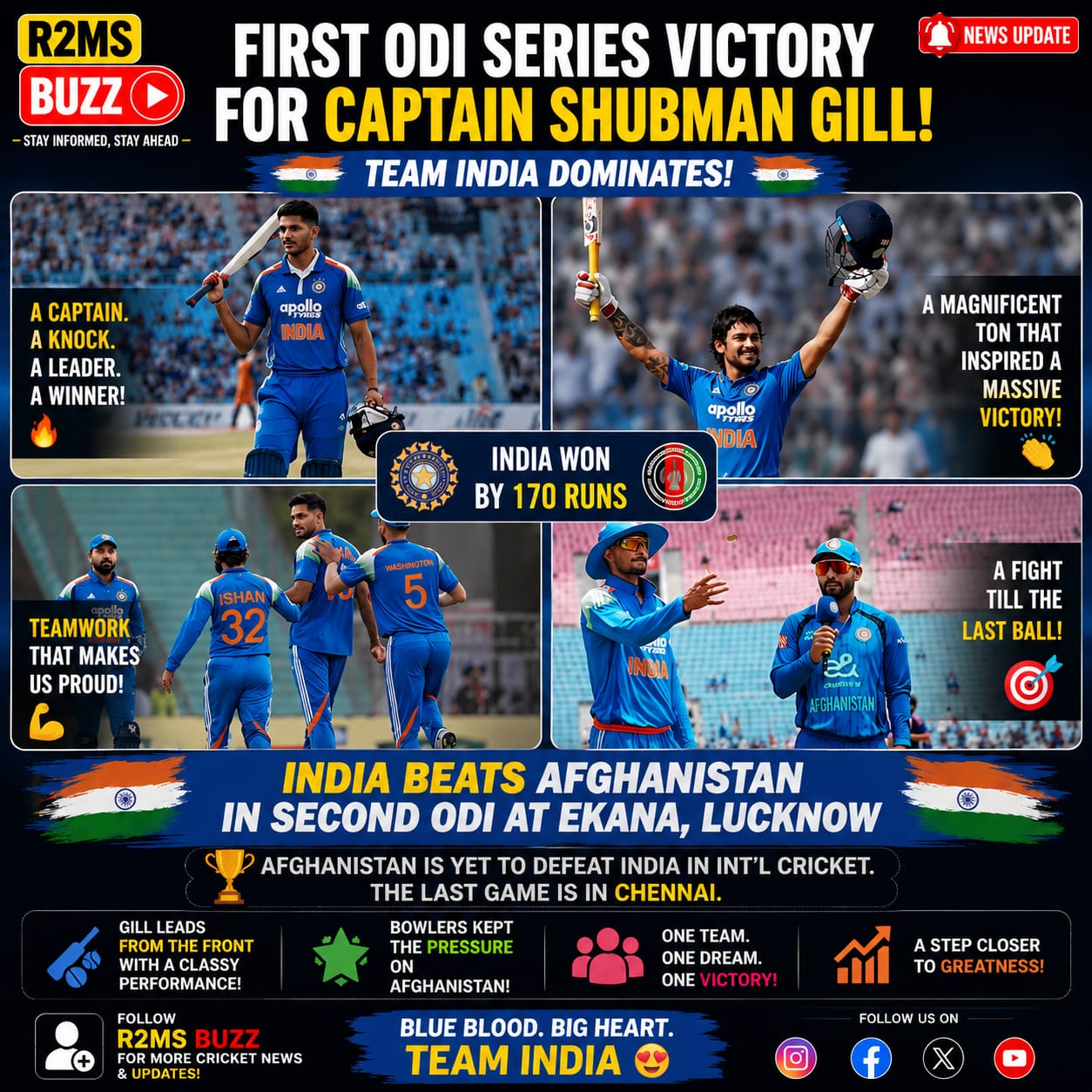 Shubman Gill’s First ODI Series Victory as Captain: India Beat Afghanistan in a Thrilling Encounter at Ekana Stadium