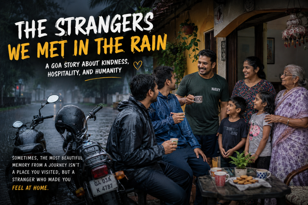 travelers meeting a kind family during heavy rain in Goa
